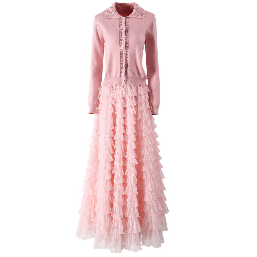 European and American women's clothing 2025 spring new Long sleeve beaded pink sweater Gauze cake skirt Fashion suit