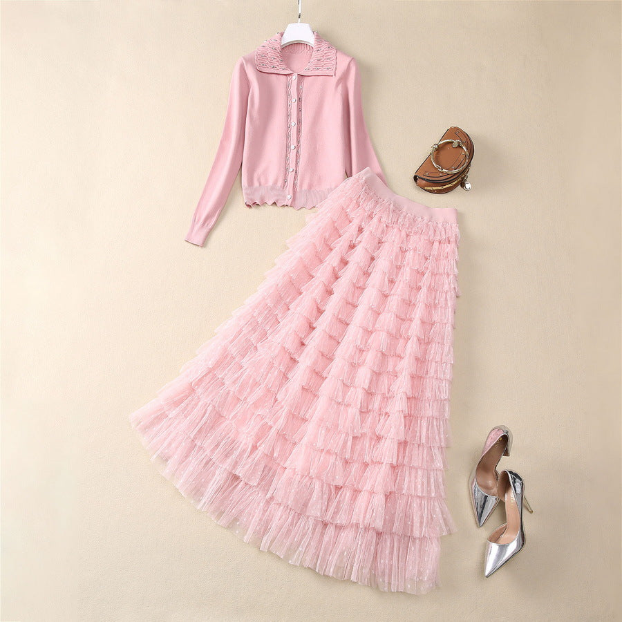 European and American women's clothing 2025 spring new Long sleeve beaded pink sweater Gauze cake skirt Fashion suit
