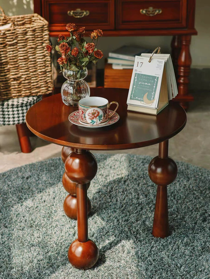 French Light Luxury Walnut Coffee Table Vintage Round Storage End Table Solid Wood Sofa Nightstand Living Room Bedside Accent