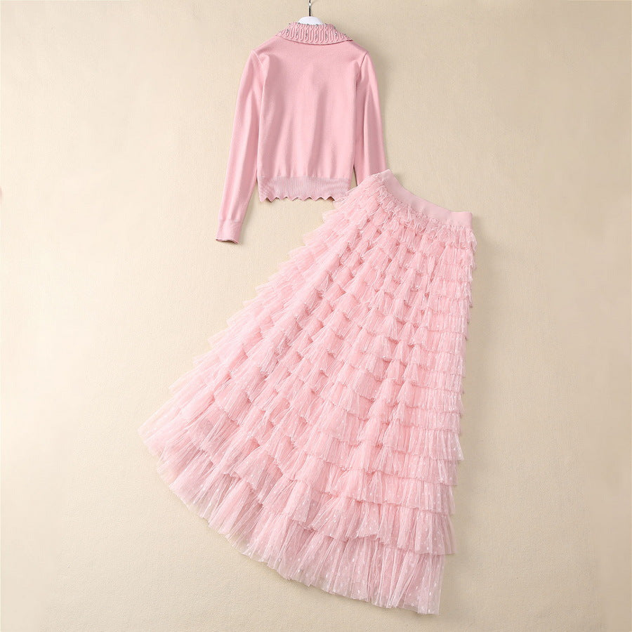 European and American women's clothing 2025 spring new Long sleeve beaded pink sweater Gauze cake skirt Fashion suit