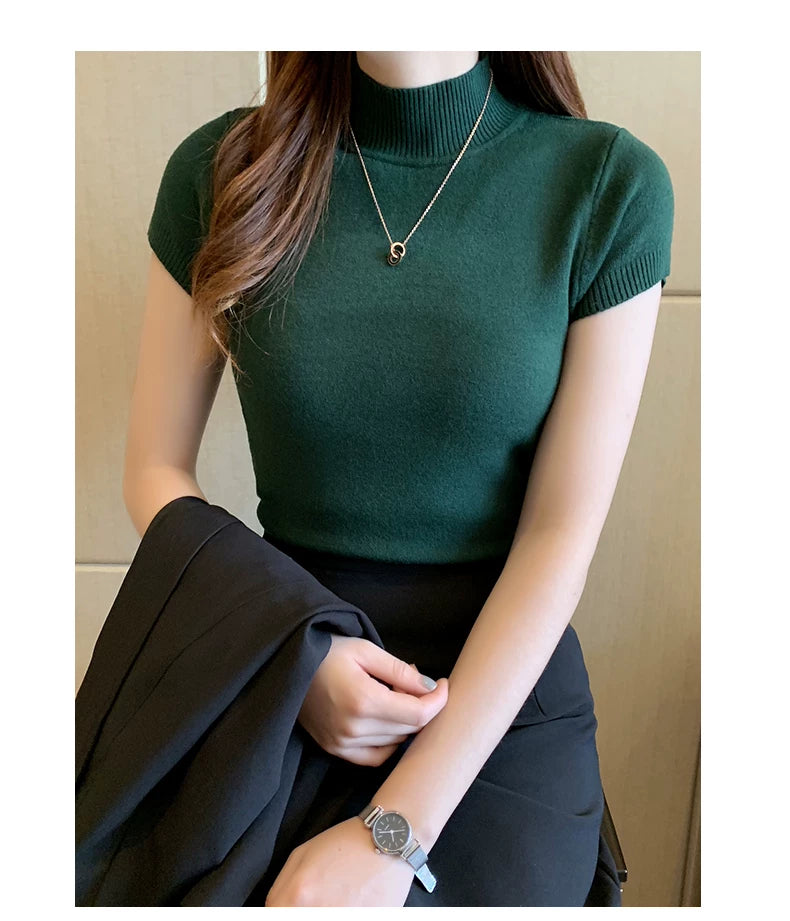 Casual Women Clothing Korean Knitted Women Top Blusas Mujer De Moda Spring Summer New Solid Slim Turtleneck Blouse Blusas 8622