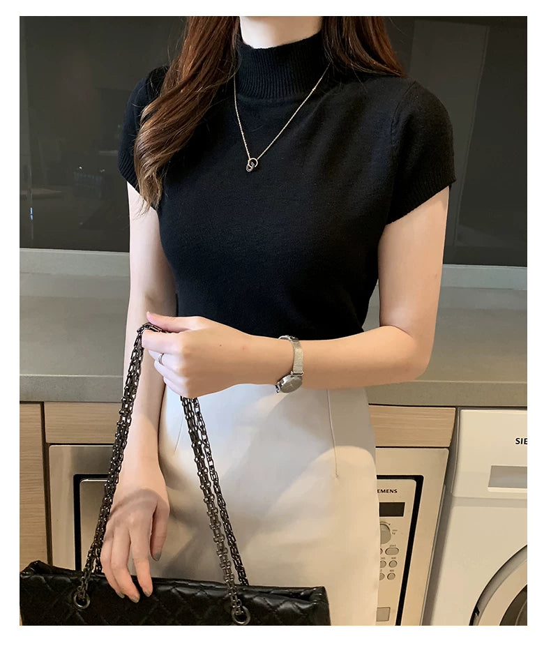 Casual Women Clothing Korean Knitted Women Top Blusas Mujer De Moda Spring Summer New Solid Slim Turtleneck Blouse Blusas 8622