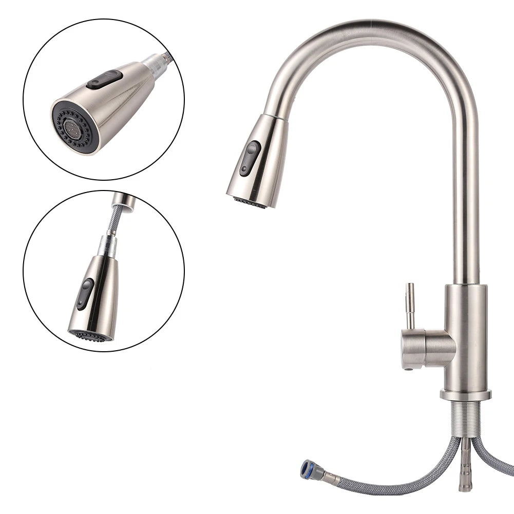 Stainless Steel 360 Degree Rotating Kitchen Bathroom Faucet Head 2Modes Adjustable Sink Basin Filter Tap Pull-Out Nozzle Sprayer