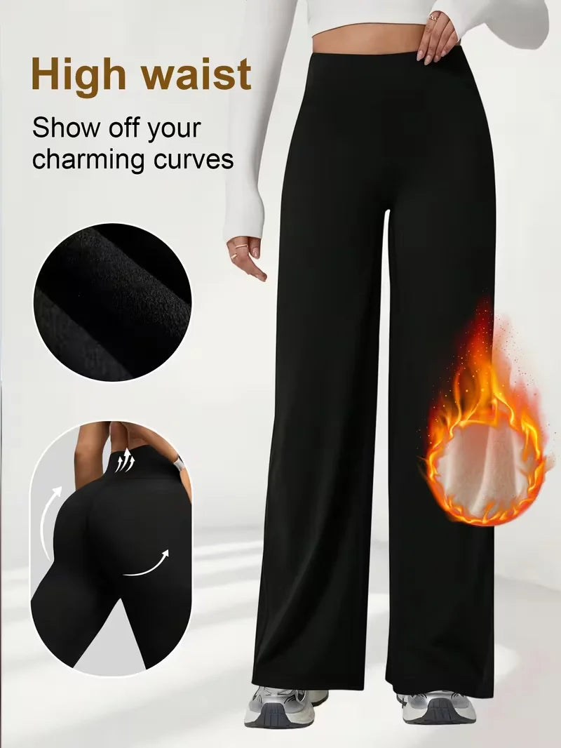 Plush Wide Leg Trousers Warm Winter High Waisted Straight Pants Outdoor Skiing Jogging Or Exercise Winter Women's Pants & Capris