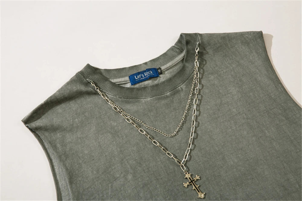 Hip Hop Tank Tops Men's Vintage Washed Sleeveless T-Shirt Hole Harajuku Dancing Breathable Tops with Necklace Streetwear