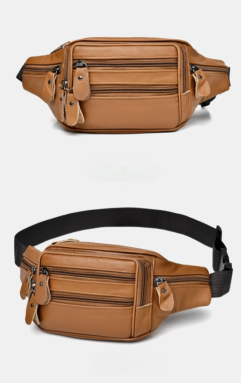 Large Capacity Waterproof PU Leather Men's Waist Bag Male Zipper Site Workers Travel Phone Bag Fanny Pack Men