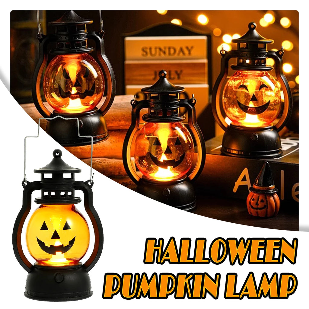 Hanging Pumpkin Lantern Light LED Ghost Lamp Halloween Candle Light Retro Small Oil Lamp Halloween Party Home Decor Horror Props
