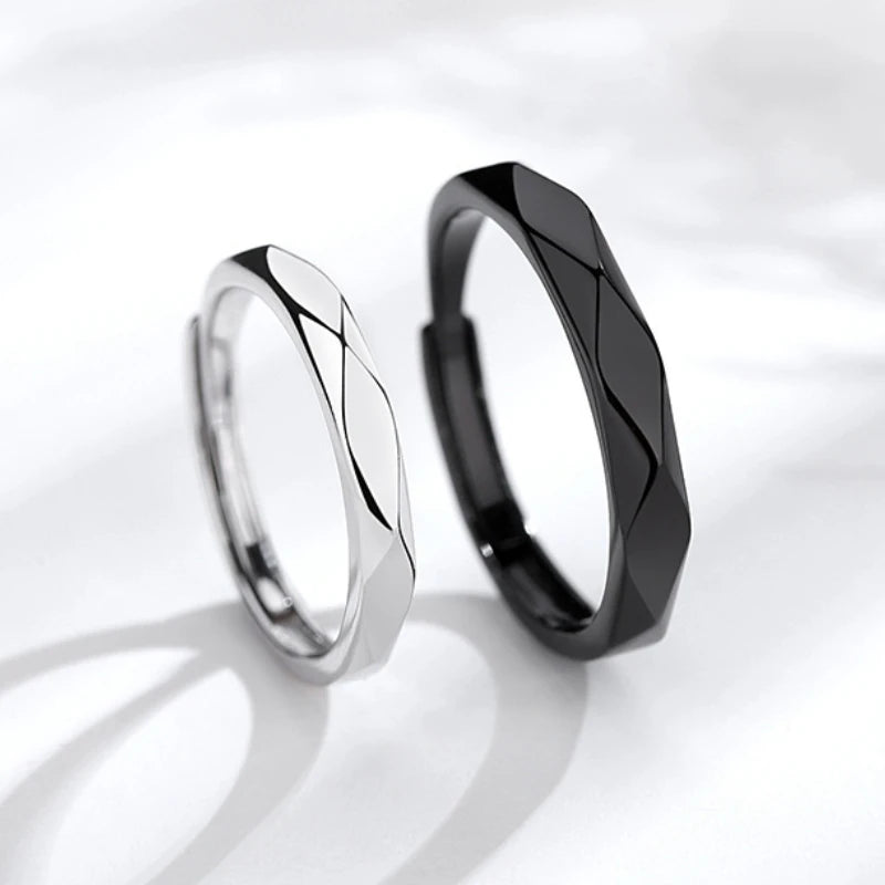 1Pair Simple Rhombus Couple Rings for Women Men Black Sliver Couple Goth Ring Luxury Opening Finger Ring Lover's Jewelry Gifts