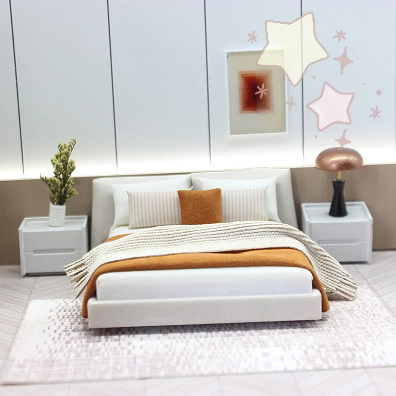 Dollhouse Cream Color Double Bed Model For Bedroom Micro Landscape Scene Miniature Furniture Doll Accessories
