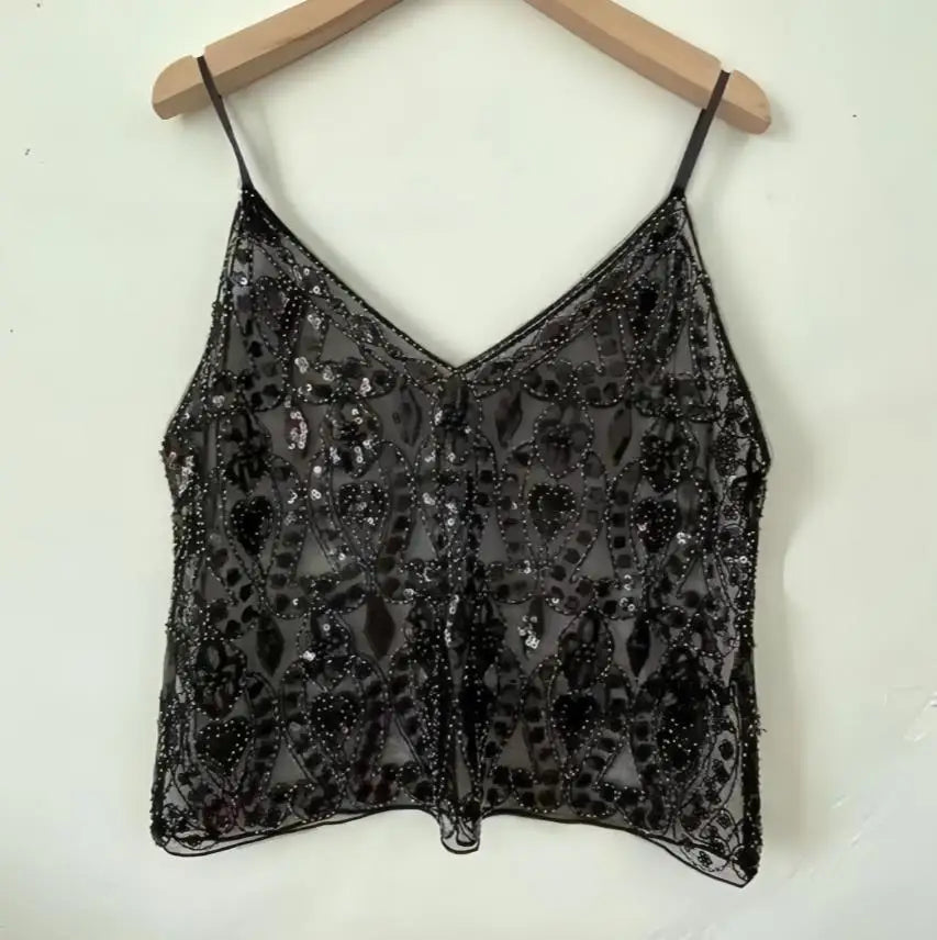 Summer Women Bling Sequined Tanks Tops Sexy Beaded Work Mesh Tops Chic Women Sparkly Cami Vest Femme Streetwear