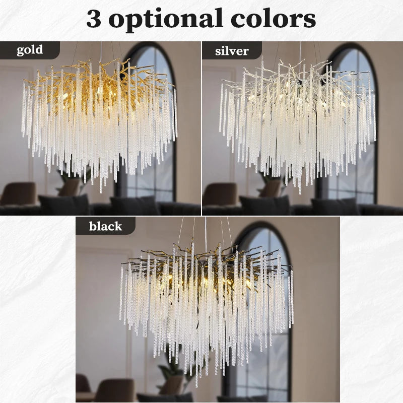 Long Crystal Branch Chandeliers For Dining Room Kitchen Table, Modern Black Crystal Hanging Chandelier Living Room Bedroom