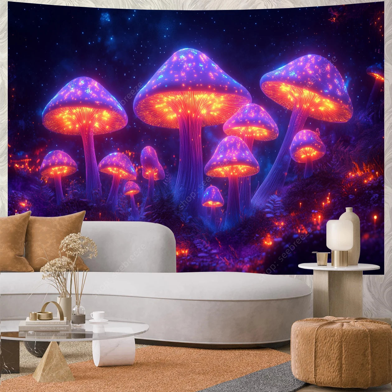 Fantasy Mushroom UV Reactive Tapestry Beautiful Floral Plant Tapestry Wall Hanging Gothic Home Wall Decor Room Decor Aesthetic