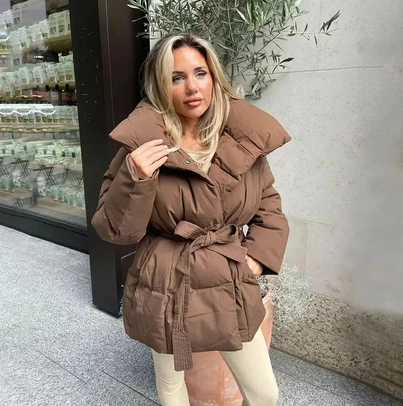 2025 Women's Clothing Parkas Warm-Weather Waist-Defining Long-Sleeve Tie-Waist Loose-Fit Solid-Color Fashionable Cotton Coat