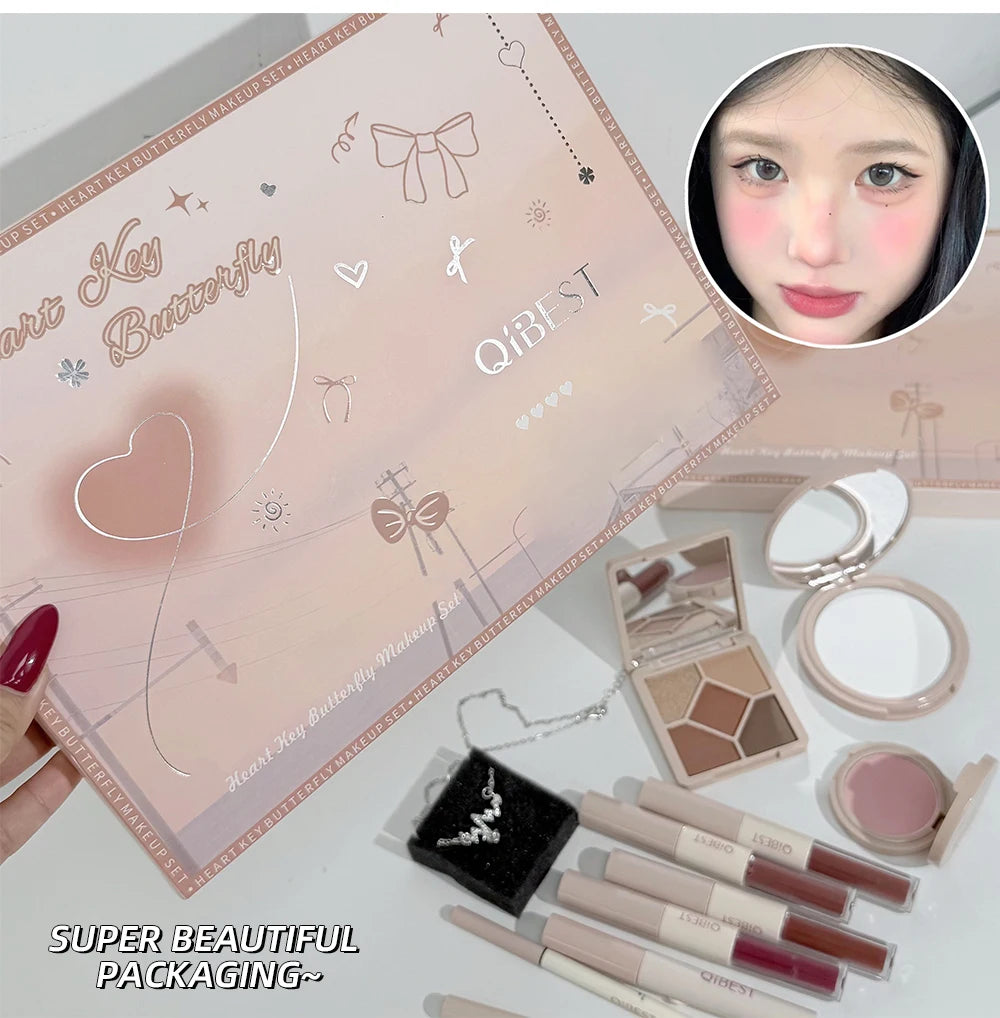 QIBEST Face Makeup Set 4pc Double End Lip Glaze, Pressed Powder,Blush,Eyeshadow, Eyebrow Pen,Eyeliner,Lip Oil Gift Cosmetics