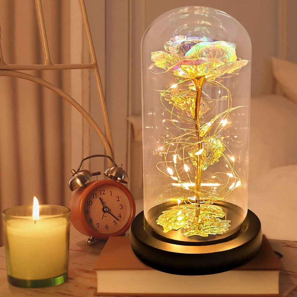 Artificial Glass Flower with Eternal Rose of the LED Light for Women Beauty and Beast Rose Birthday Gifts for Girls Christmas