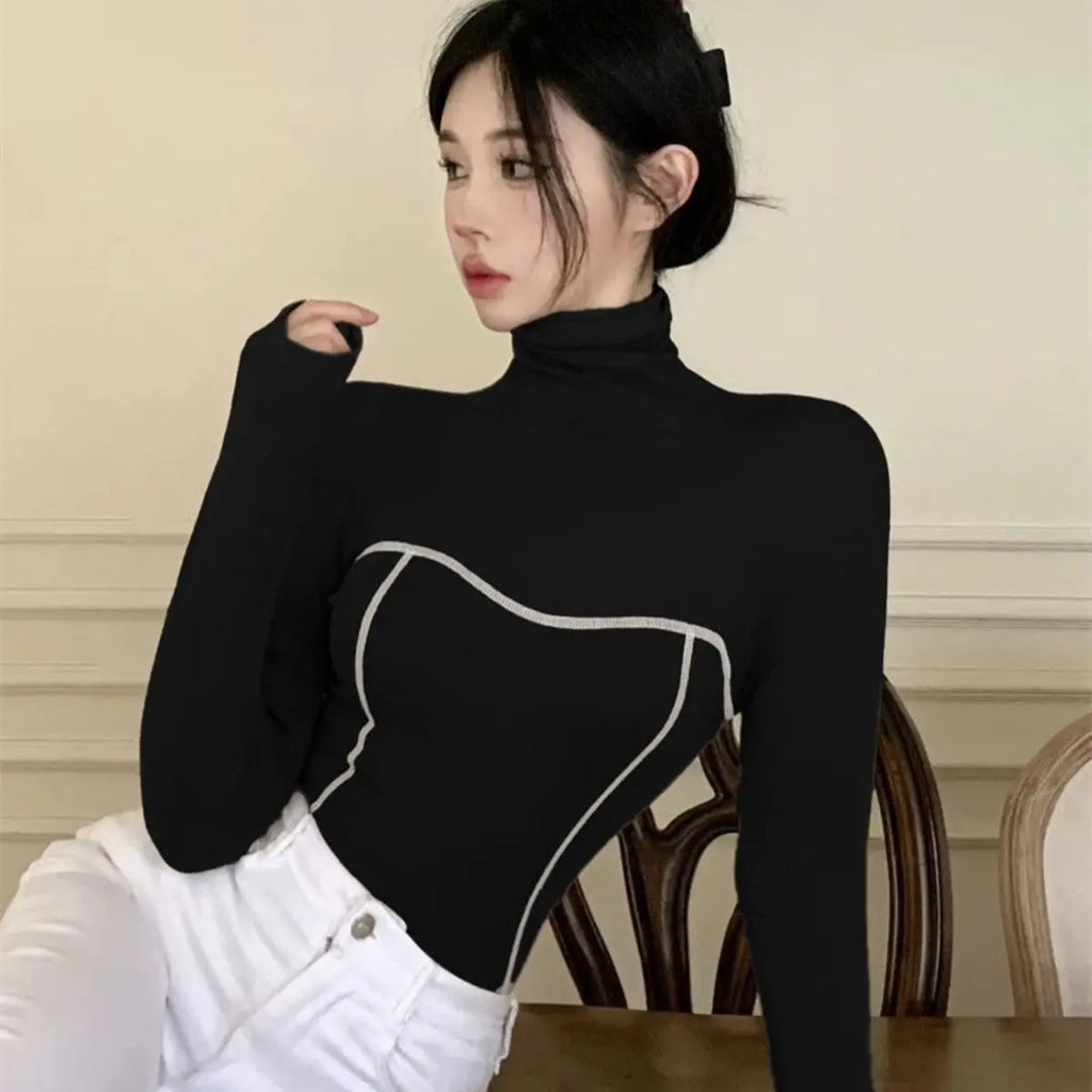 Women's Clothing Autumn Winter Korean Fashion High Collar Y2K Sexy Basic T-shirts Elegant Chic Black White Long Sleeve Slim Tops