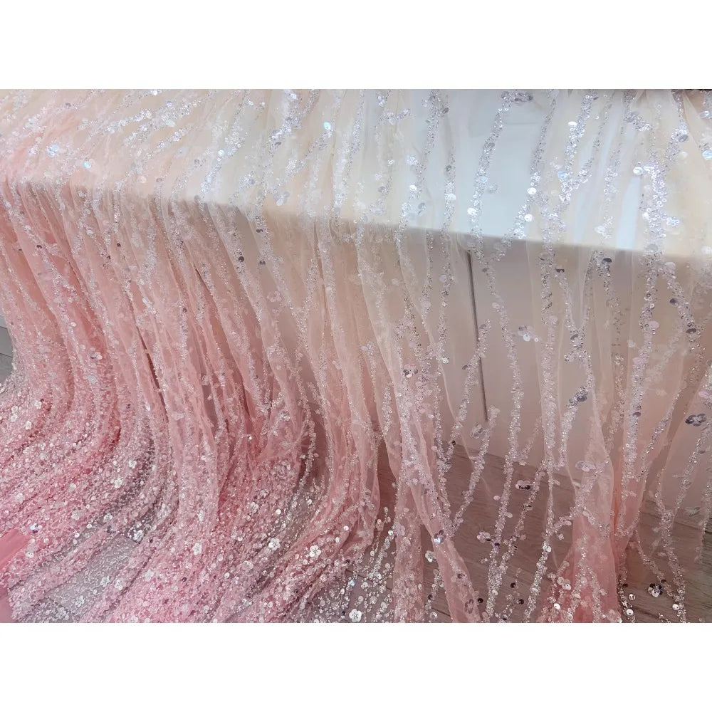 Pink Gradient Studded Sequin Fabric for Wedding Dresses Dance Costumes Stage Costumes Designer Fabrics for Sewing