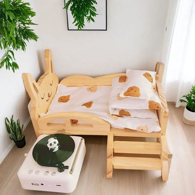 for Labubu Cotton Doll Bed 30cm Princess Style Furniture Set for Imaginary Play Baby Doll Bedding Two-Piece Wooden Baby Bed Toy