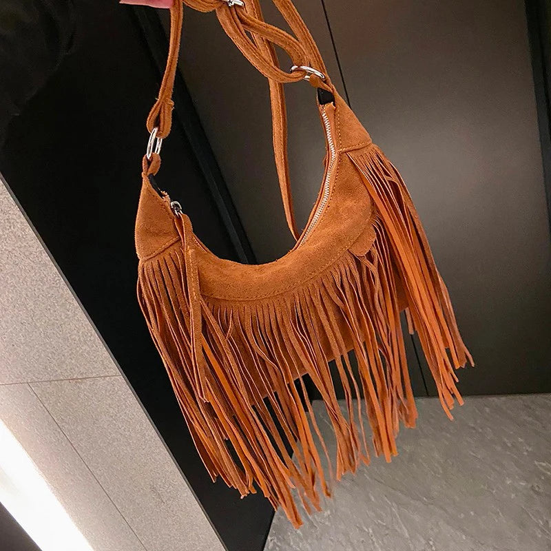 JIEROTYX Decor Fringe Trim Crossbody Purse Bag for Women Vintage Tassel Faux Suede Handbag Messenger Shoulder Bags