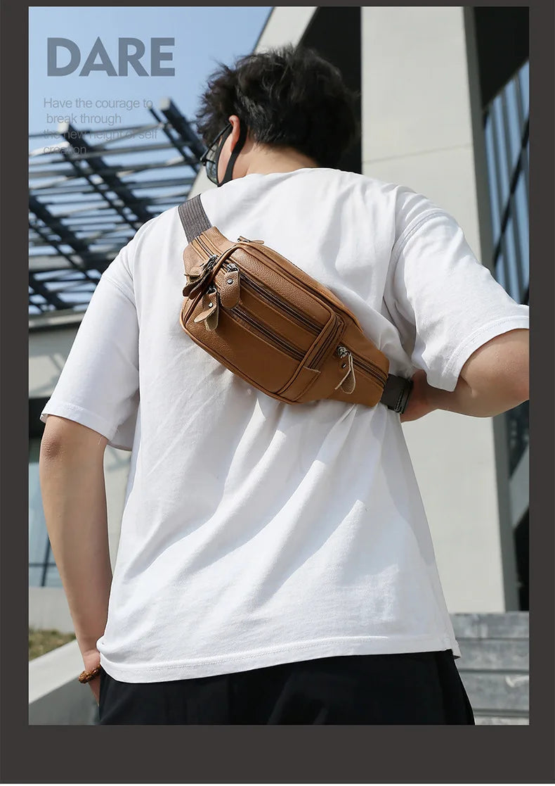 Large Capacity Waterproof PU Leather Men's Waist Bag Male Zipper Site Workers Travel Phone Bag Fanny Pack Men