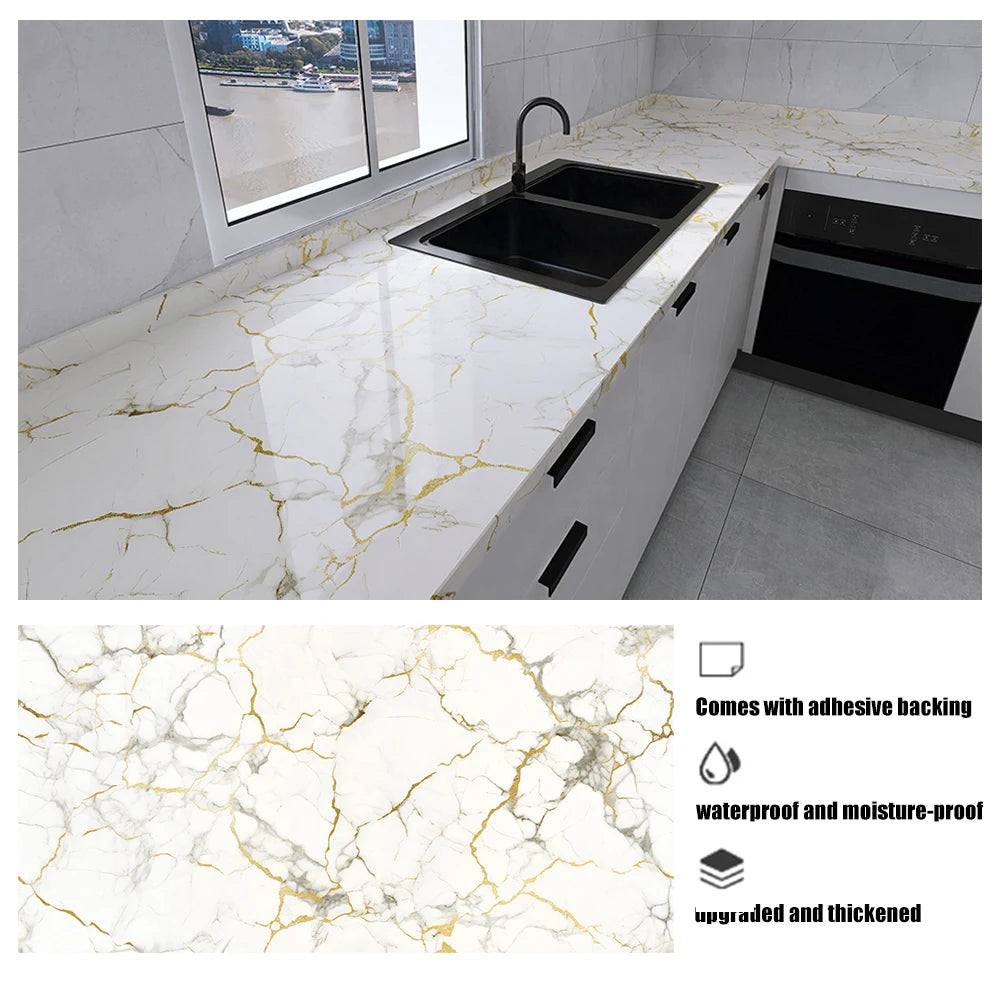 Marble oil resistant 40cm kitchen sticker self-adhesive waterproof cabinet stove top wallpaper desktop bathroom decoration