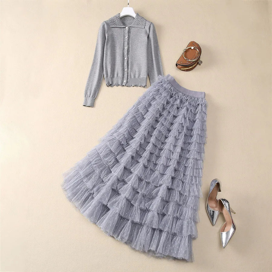 European and American women's clothing 2025 spring new Long sleeve beaded pink sweater Gauze cake skirt Fashion suit