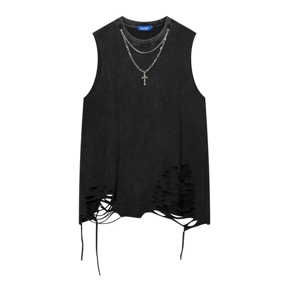 Hip Hop Tank Tops Men's Vintage Washed Sleeveless T-Shirt Hole Harajuku Dancing Breathable Tops with Necklace Streetwear