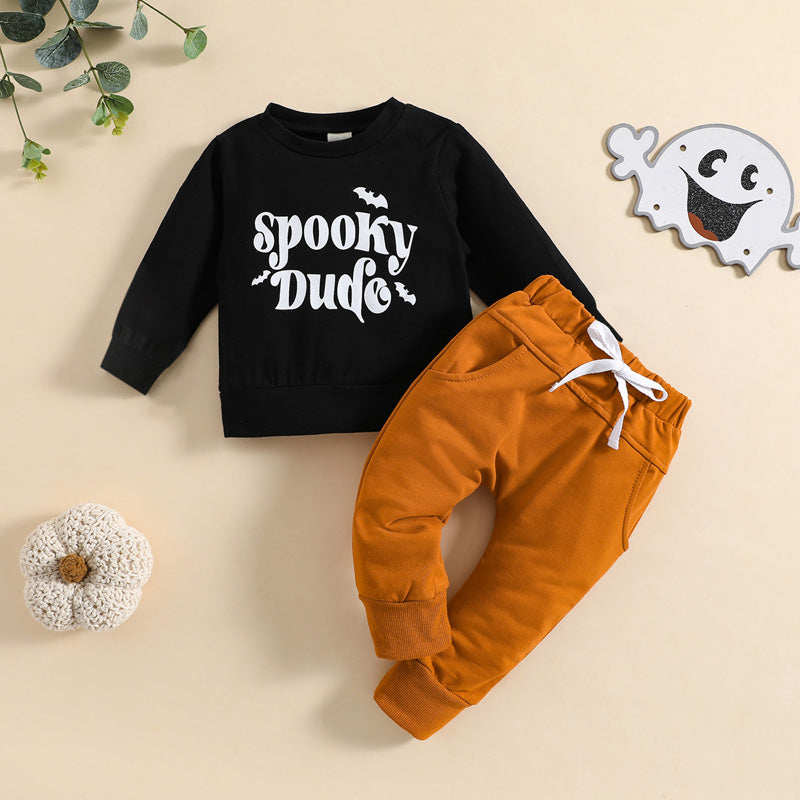 Toddler Boys Halloween Outfit Short Sleeve Round Neck Pumpkin Spider Print Tee with Jogger Pants and Hat Set