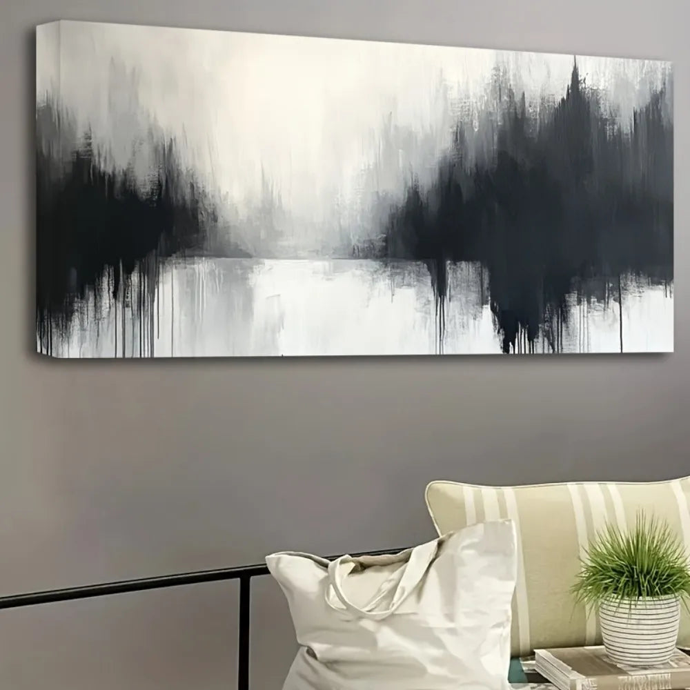 Grey and white abstract canvas painting, modern printed living room decoration, 1.5 inch thick pine solid wood frame