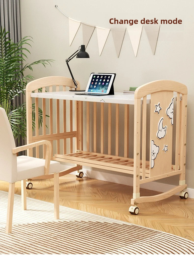 Baby Comfortable Sleeping Bed Solid Wood Newborn Baby Bed Multifunctional Baby Rocking Bed with Wheels and mosquito net