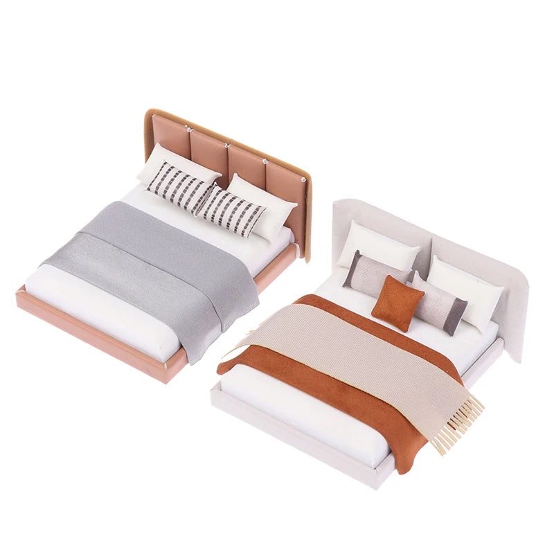Dollhouse Cream Color Double Bed Model For Bedroom Micro Landscape Scene Miniature Furniture Doll Accessories