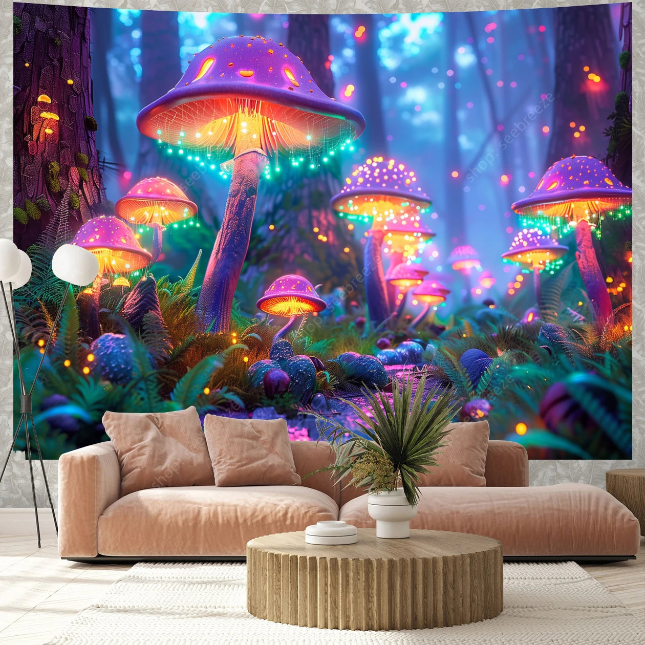 Fantasy Mushroom UV Reactive Tapestry Beautiful Floral Plant Tapestry Wall Hanging Gothic Home Wall Decor Room Decor Aesthetic