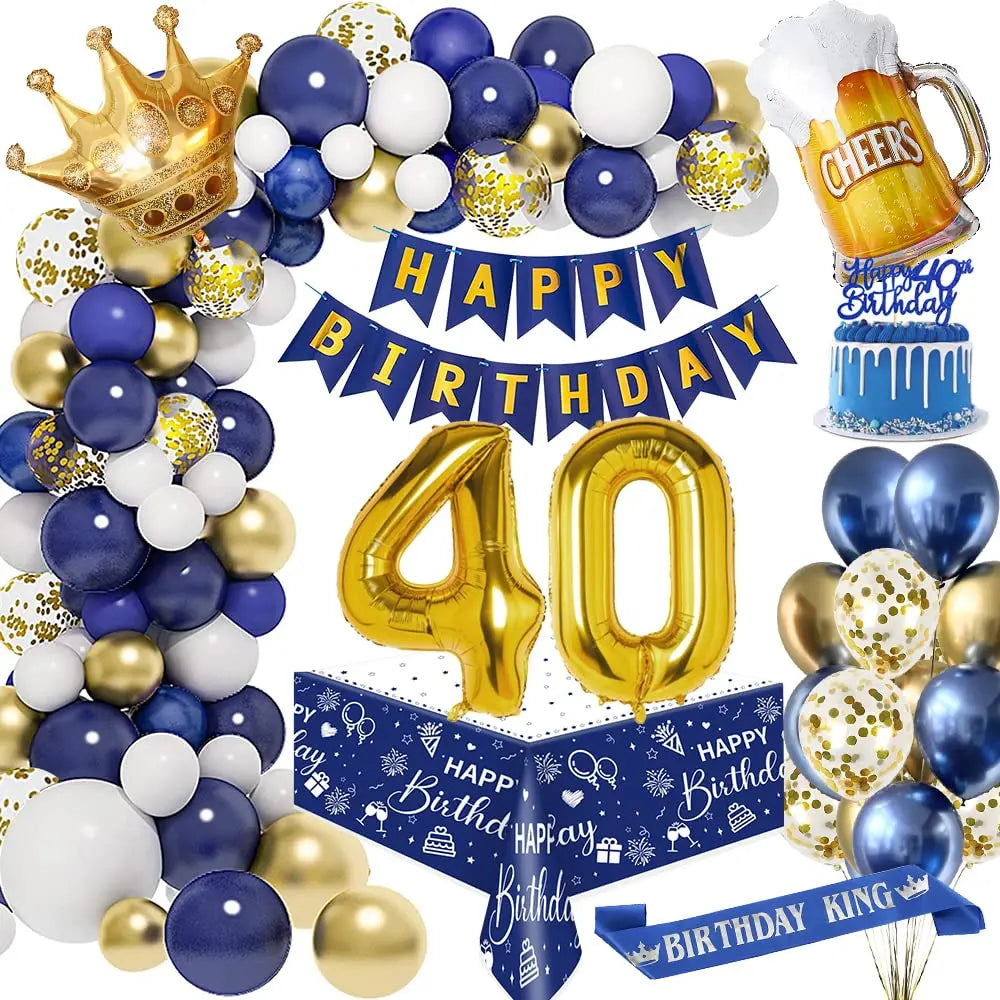 Men 30th 40th Birthday Decorations Night Blue Gold Birthday Balloon Garland Kit with Birthday Shoulder Strap and Tablecloth