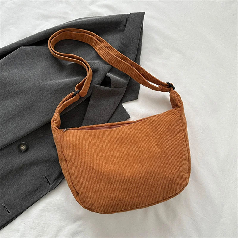 Corduroy Shoulder Bag Minimalist Crossbody Bag Women's Handbags Fashion Fabric Underarm Bag Solid Color Zipper Female Handbag