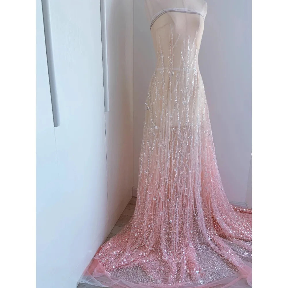 Pink Gradient Studded Sequin Fabric for Wedding Dresses Dance Costumes Stage Costumes Designer Fabrics for Sewing