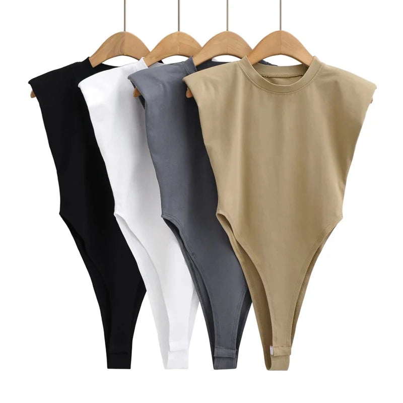 Summer 2025 Sexy Women's Bodycon Bodysuit Sleeveless Padded Shoulder One-Piece Black White Sexy Tops for Women