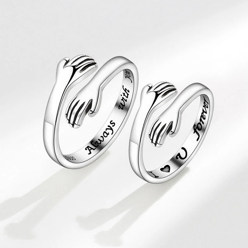 Vintage Silver Color Love Hugging Hands Couple Ring For Men And Women Always With You Forever Adjustable Open Cuff Rings Jewelry