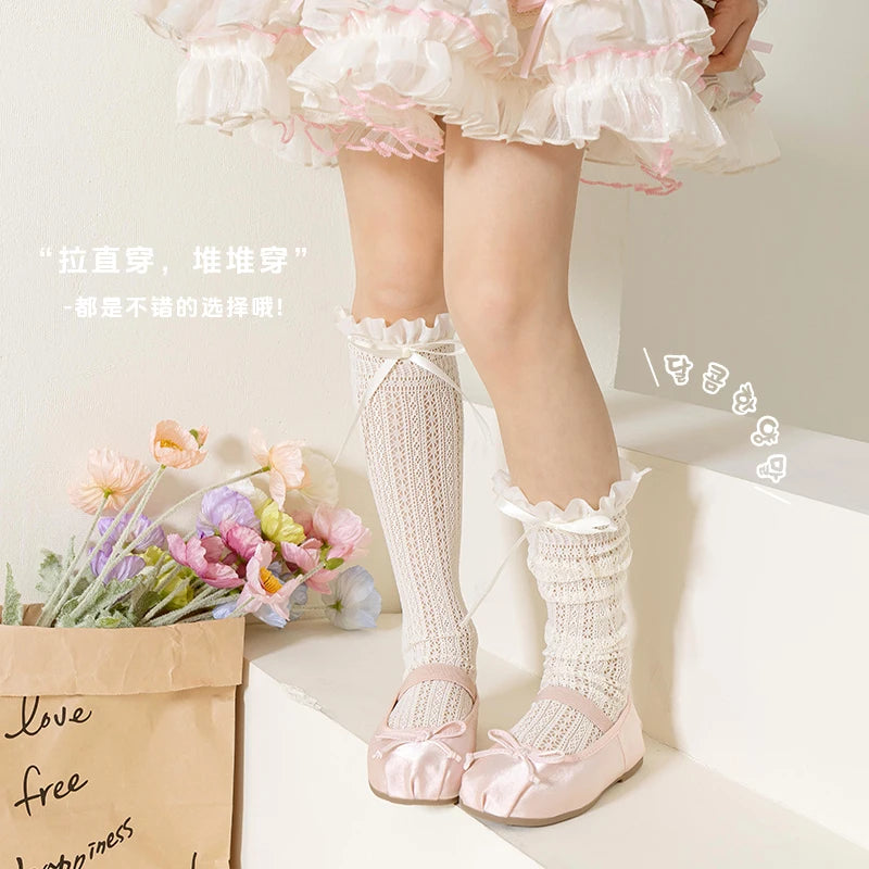 Girls Kids Geometric Retro Twists bowknot Long Kawaii Socks Princess Sweet Baby Over Knee High Sock Hollow mesh Lolita Stockings