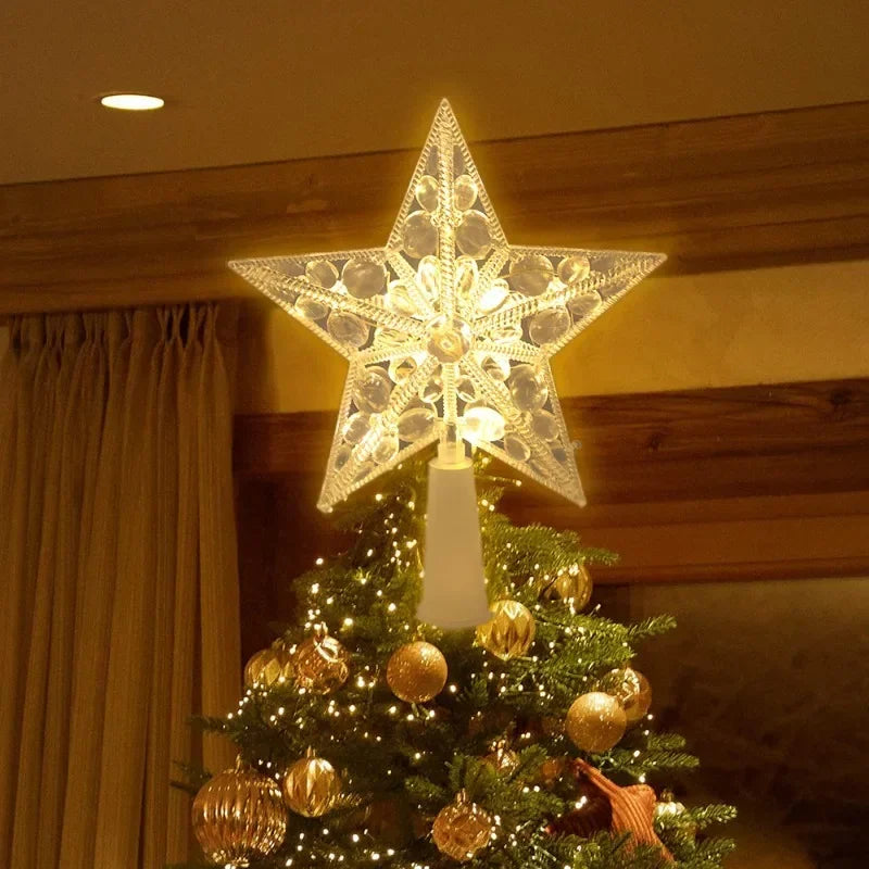 15cm Xmas Tree Topper Star Glowing Christmas Five-pointed Star Ornament with LED Light Colorful Shining Lamp Home Decor