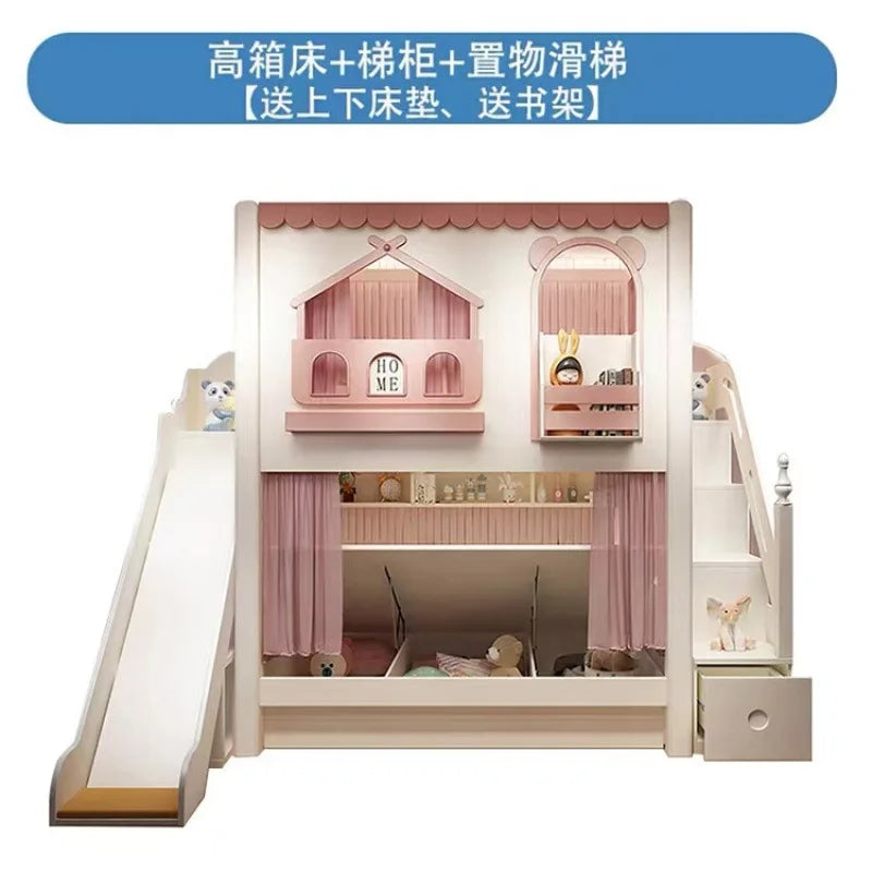 Customizable girl princess bunk bed two-story high-low sister high guardrail slide elevated bed