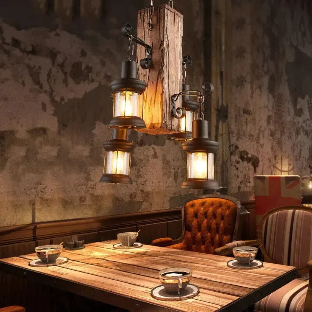 4 Light Rustic Country Chandelier Wood Fixture Pendant Industrial Cafe Bar Loft Farmhouse Country Wood Chandelier 110V