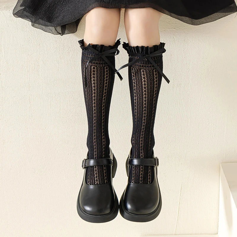 Girls Kids Geometric Retro Twists bowknot Long Kawaii Socks Princess Sweet Baby Over Knee High Sock Hollow mesh Lolita Stockings