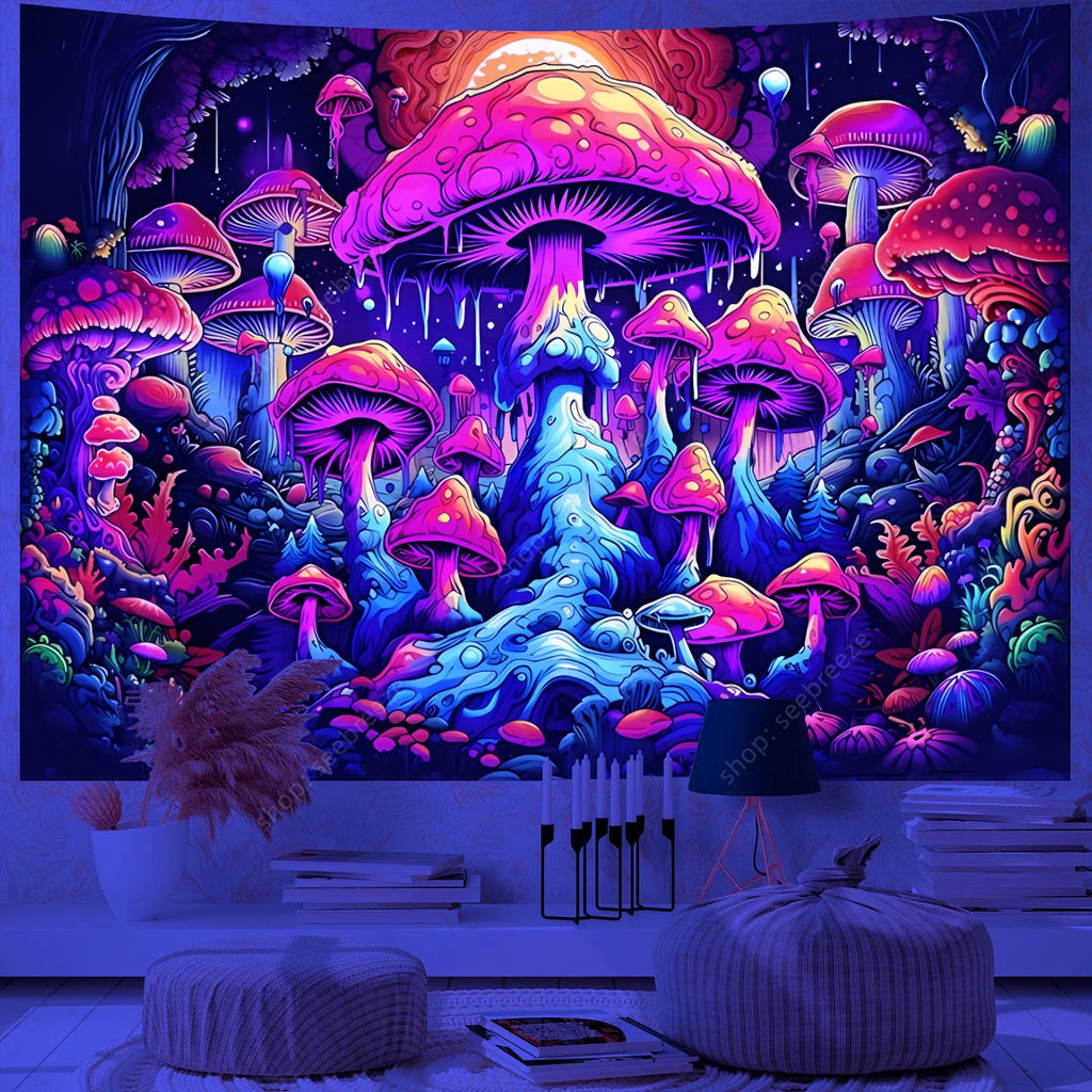 Fantasy Mushroom UV Reactive Tapestry Beautiful Floral Plant Tapestry Wall Hanging Gothic Home Wall Decor Room Decor Aesthetic