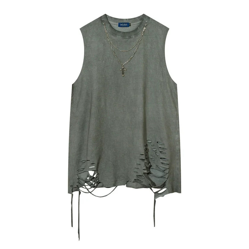 Hip Hop Tank Tops Men's Vintage Washed Sleeveless T-Shirt Hole Harajuku Dancing Breathable Tops with Necklace Streetwear