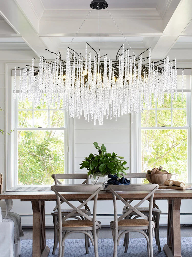 Long Crystal Branch Chandeliers For Dining Room Kitchen Table, Modern Black Crystal Hanging Chandelier Living Room Bedroom