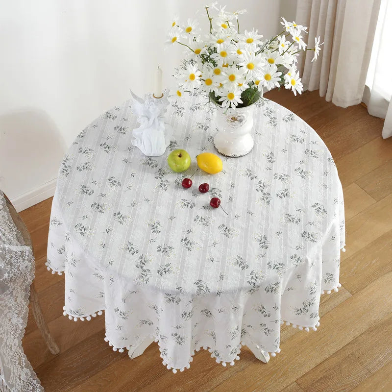 Circular Table Cover for Kitchen Dinning Room Tabletop Decor Round Tablecloth Cotton Table Cloth with Tassel Dust-Proof Floret