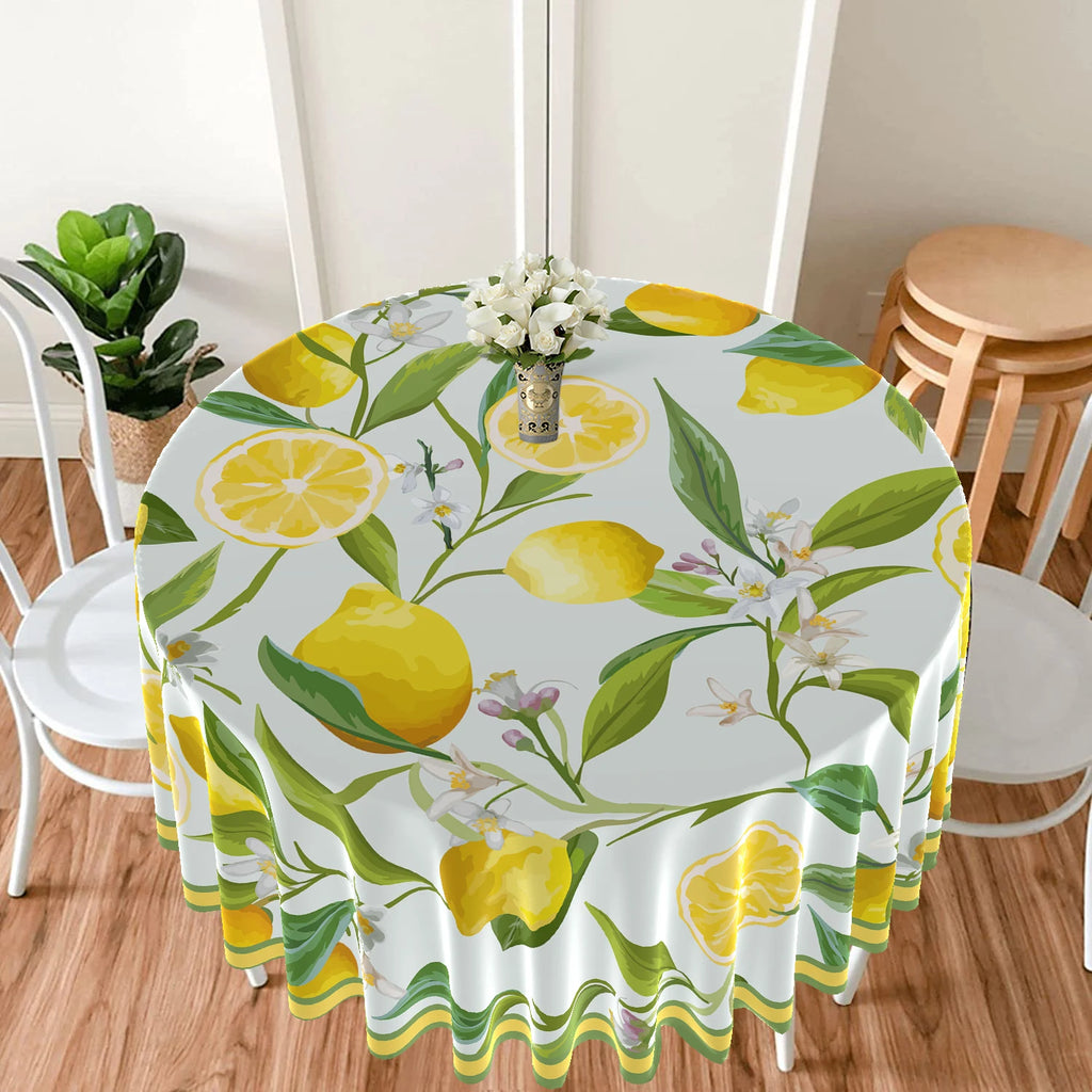 1 Piece Black White Checkered Circular Tablecloth Waterproof Dining Table Cover Lemon Bohemian Style 63 inch Tablecloth
