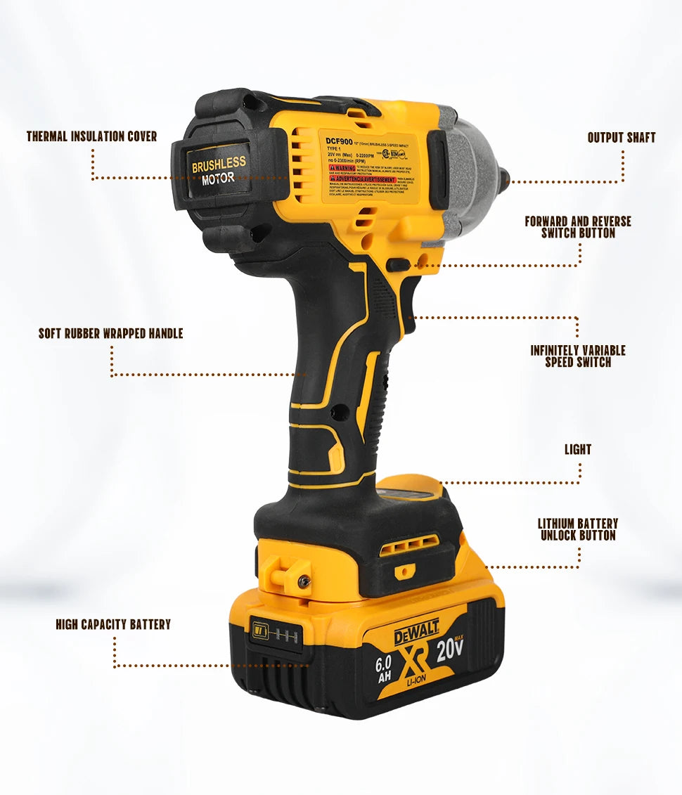 DEWALT 20V Cordless Impact Wrench | High Torque Brushless Motor | Durable Lithium-Powered Tool for Professional Use DCF900