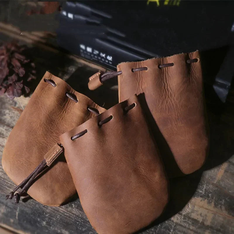 Drawstring Coin Storage Bag Handmade Genuine Leather Unisex Coin Purse Cow Leather Coins Money Pocket Retro Wallet Bags