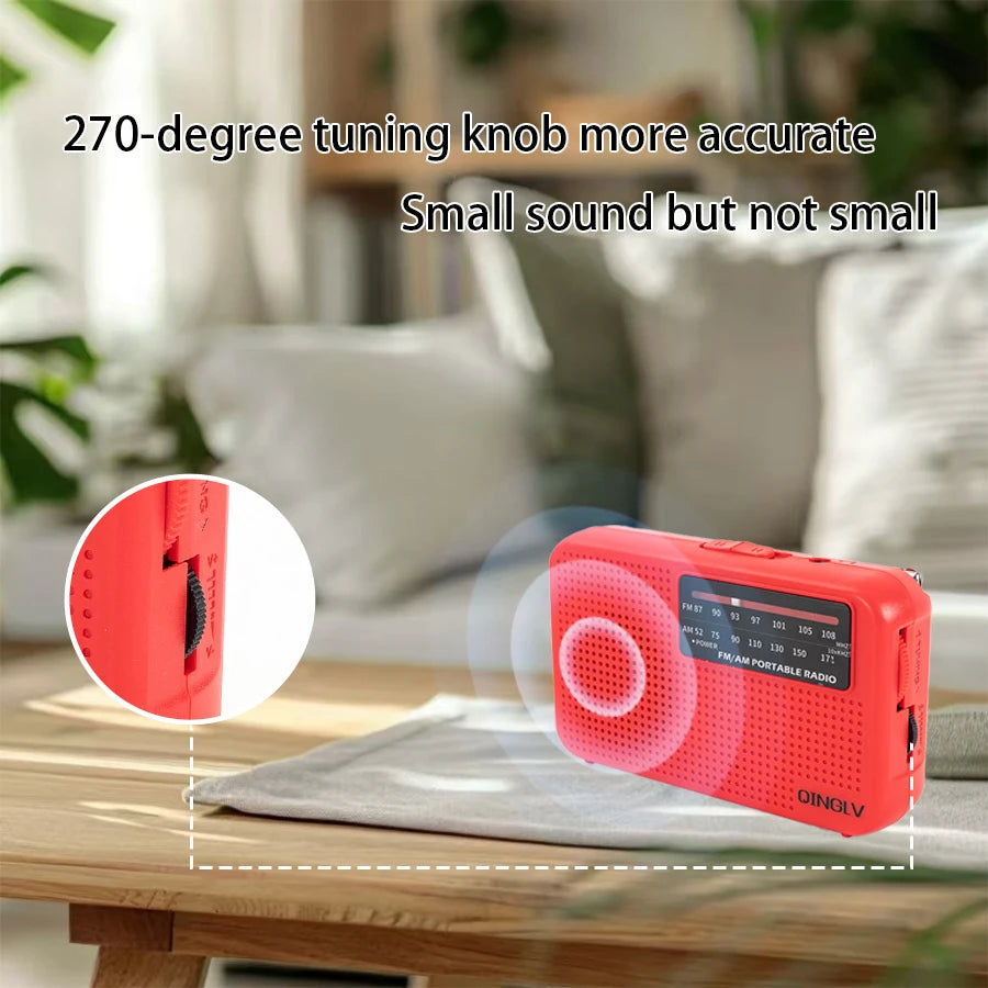 AM/FM portable radio with high sensitivity and high sound quality, uses durable No. 7 batteries, built-in high quality